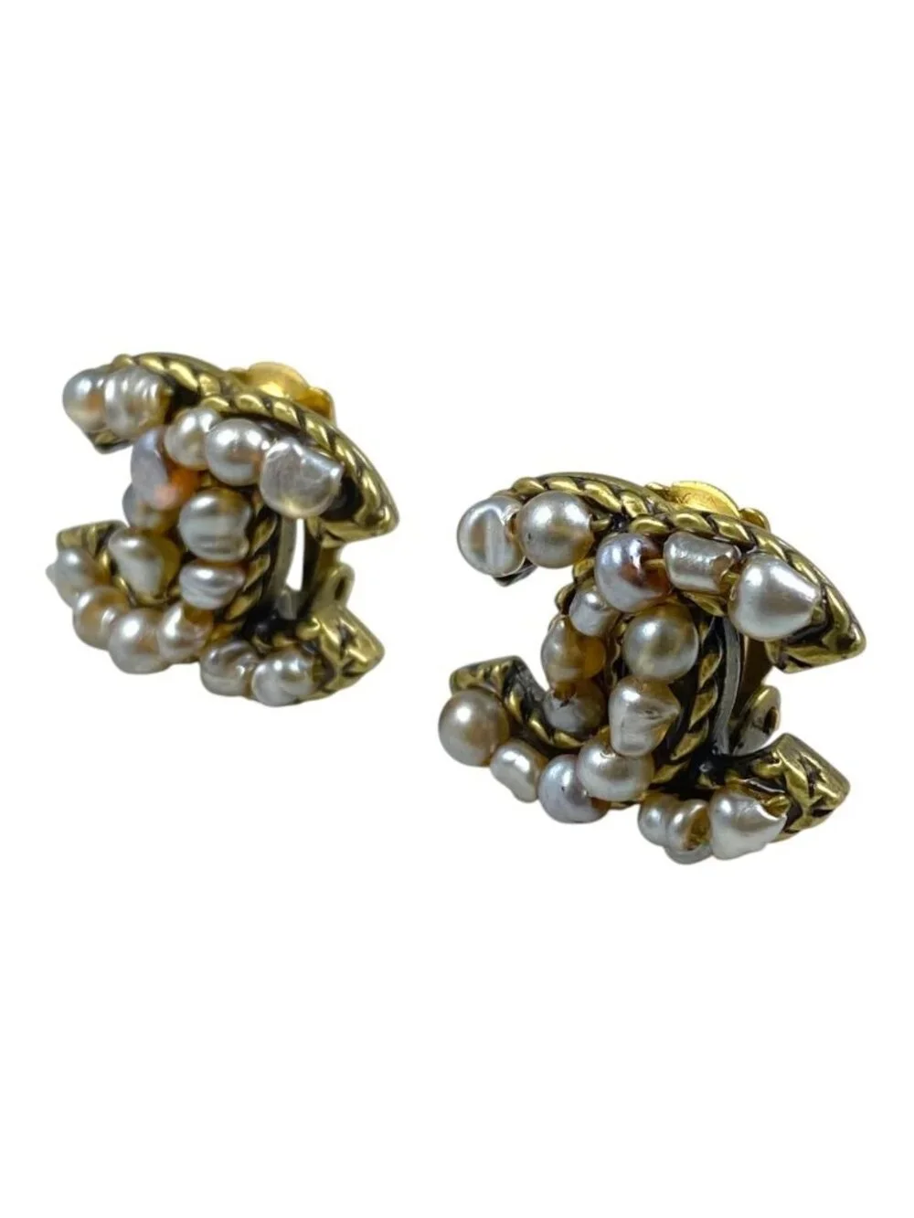 Chanel CC Logo Earrings Vintage Accessory Metal Faux Pearl Gold